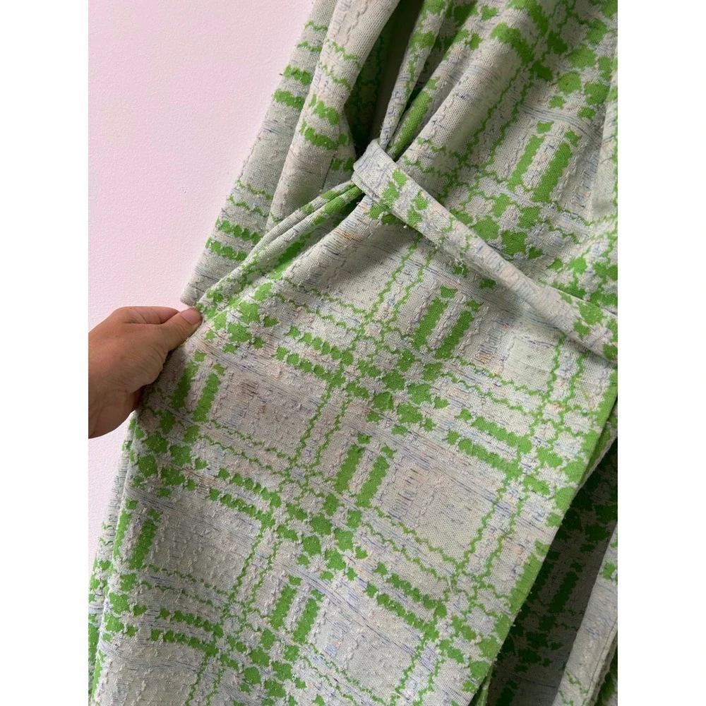 Vanity Fair Vintage Mod Robe Women Size S Green White Jacquard Belted Long Coat
